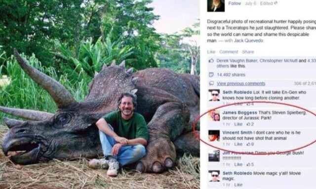 Lurte «hele» Facebook med bilde av Steven Spielberg poserende foran en død dinosaur